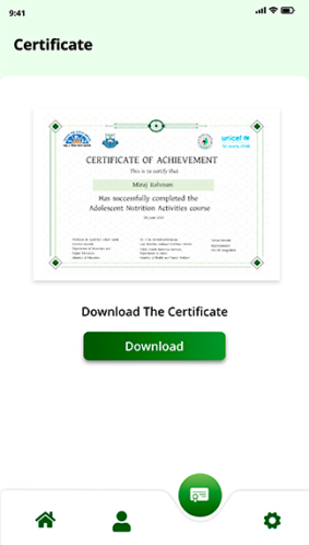 Certificate for completing Nutrition Training