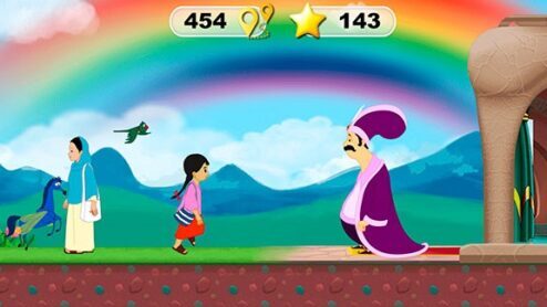 Meena in front of king and rainbow