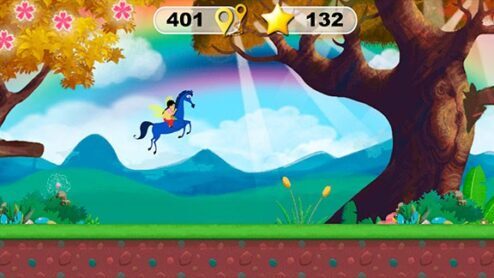 Meena in magic horse in front of tree