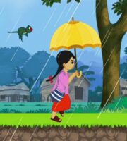 Scene from the meena faceook game where meena is running with umbrella in rain