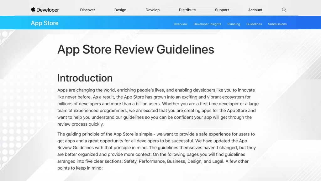App store review guidelines App store guidelines. The image is showing the page of Apple's app store review guidelines.