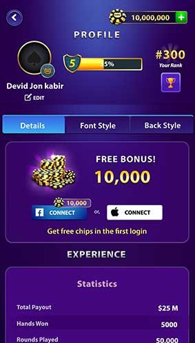 Profile Data Screenshot In Blackjack 21 Card Game