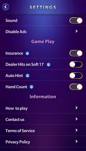 Settings Page Screenshot In Blackjack 21 Card Game