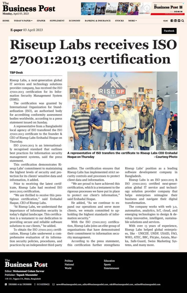 Image of the Business Post E-paper published Riseup Labs Receives ISO 27001:2013 Certification