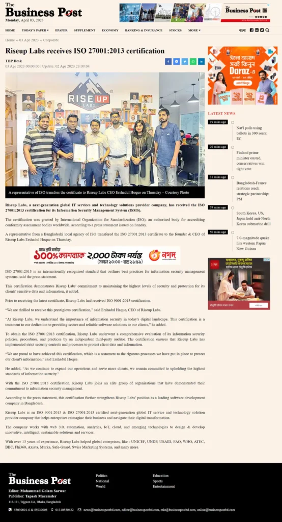 Image of the Business Post online version published Riseup Labs Receives ISO 27001:2013 Certification