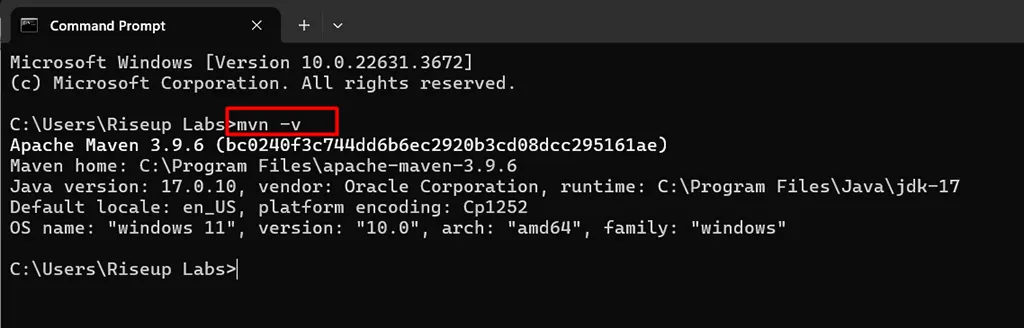 Run mvn -v to verify the installation