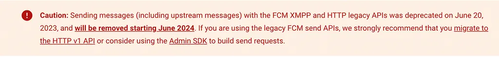 FCM XMPP And HTTP Legacy APIs Disapproval Notice Screenshot