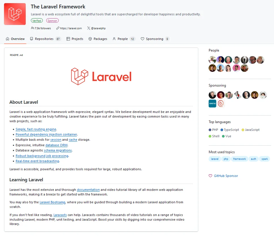 Laravel Framework Home Page in GitHub