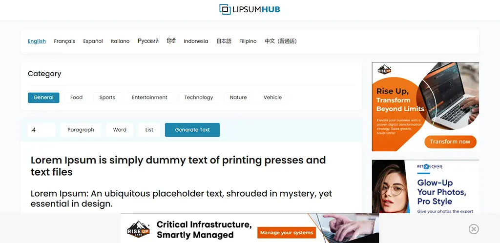 Website Interface of LipSumHub, a Dummy Text Generator